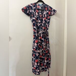 Draper James Navy Floral Wrap Midi Dress with Pink and Red Blooms